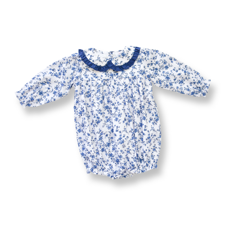 Girls Navy Collar Blue Floral Long Sleeve Bubble