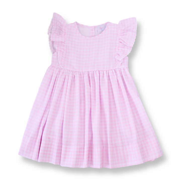 Pink Gingham Girls Dress with Flutter Sleeves