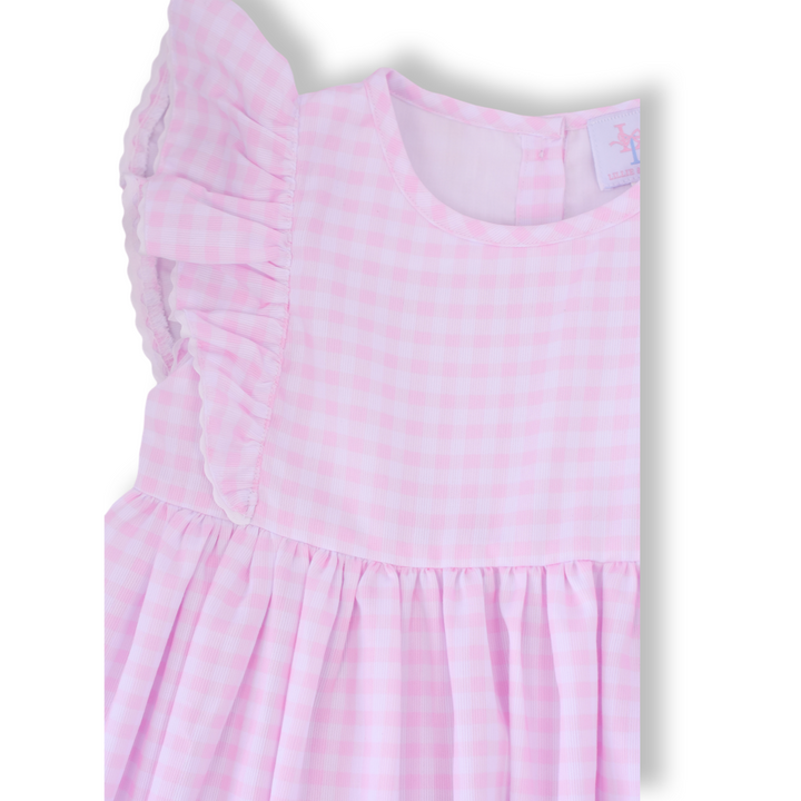 Pink Gingham Girls Dress with Flutter Sleeves