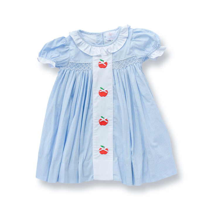 Blue Gingham Apple Panel Smocked Dress
