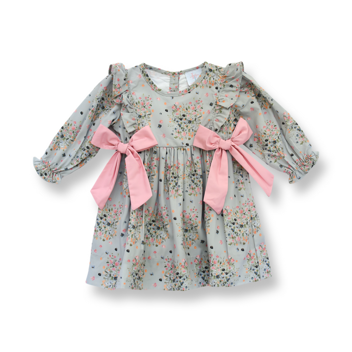 Girls Sage Floral Dress with Pink Bows