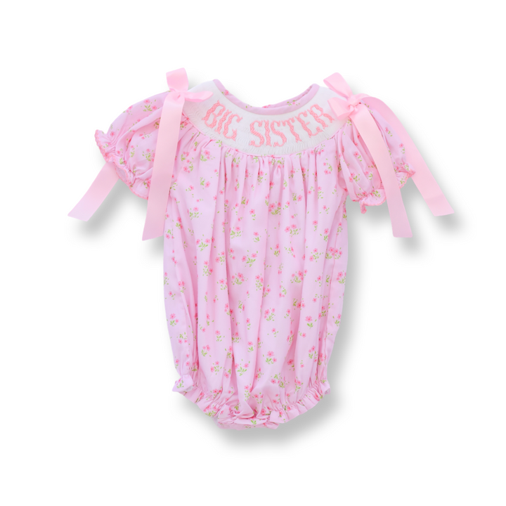 Big Sister Pink Floral Smocked Bubble with Pink Bows