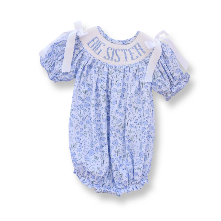 Big Sister Blue Floral Smocked Bubble