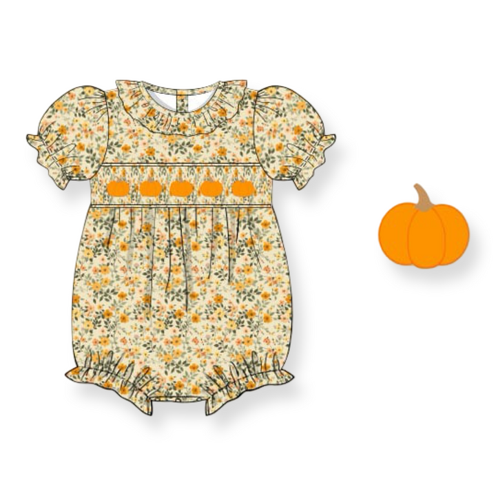 Yellow Floral Pumpkin Smocked Bubble