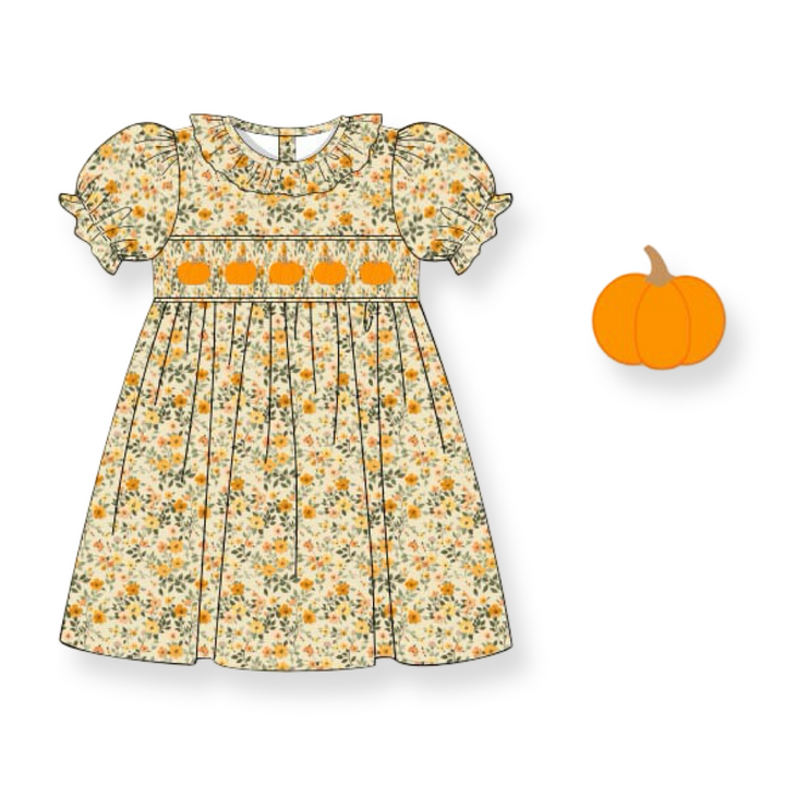 Yellow Floral Pumpkin Smocked Dress