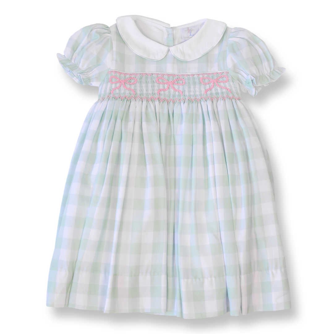 Green Gingham & Pink Bow Smocked Dress Lillie & Lilah Green Gingham & Pink Bow Smocked Dress Lillie & Lilah