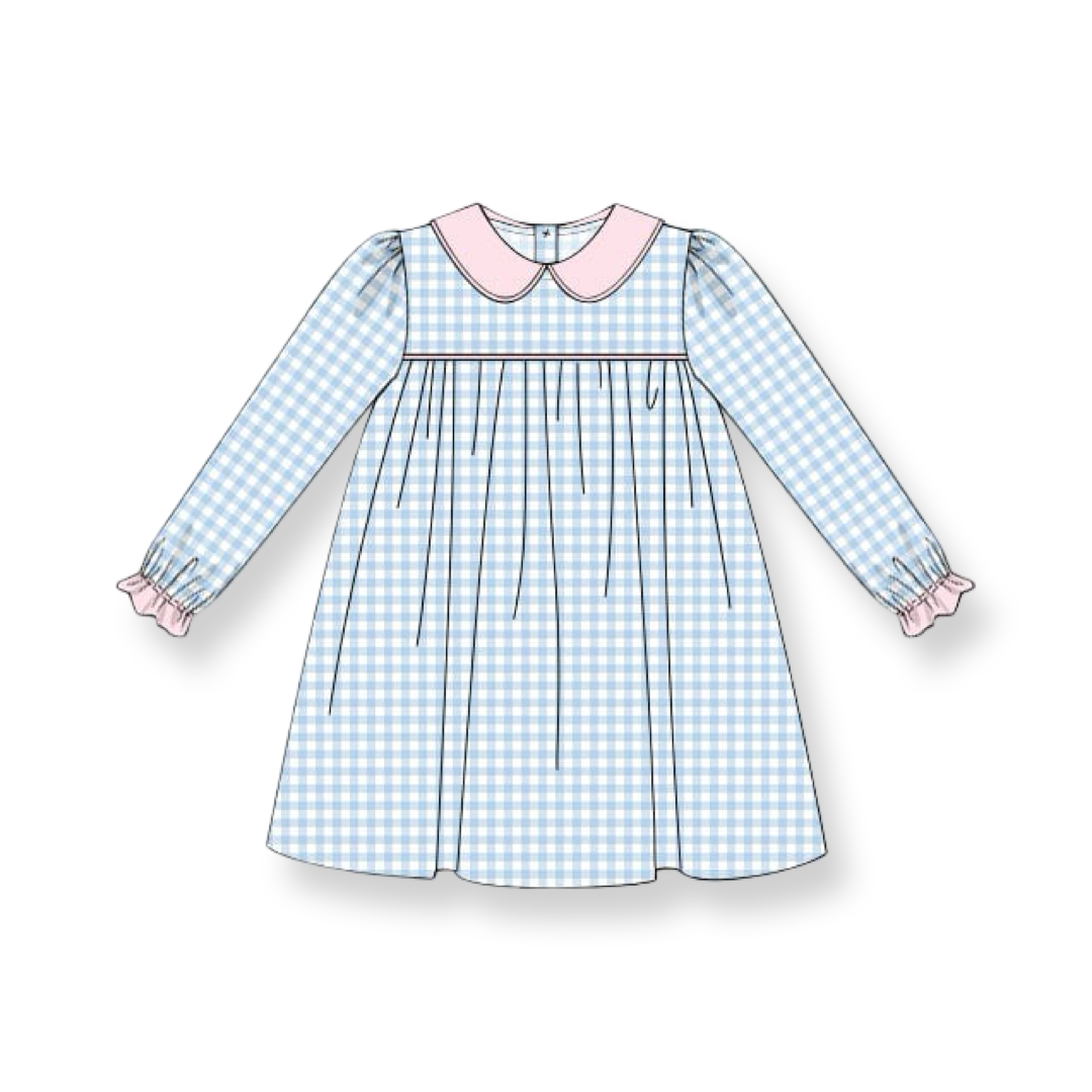 Blue Gingham Long Sleeve Fall Dress