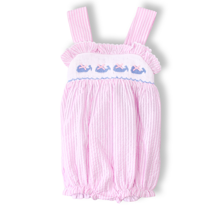 Pink Seersucker Whale Smocked Bubble