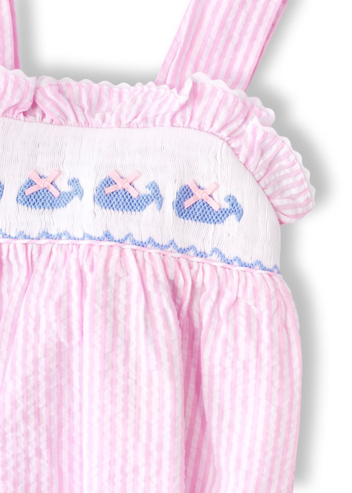 Pink Seersucker Whale Smocked Bubble