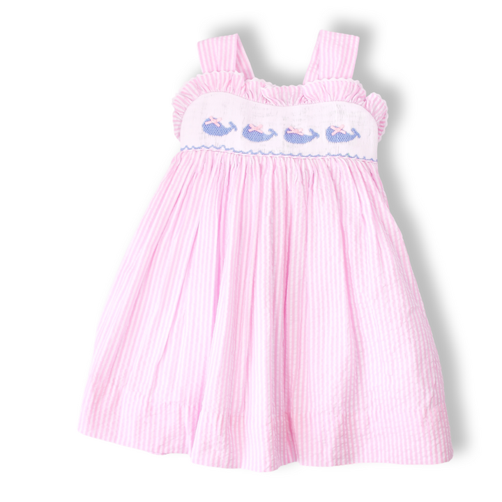Pink Seersucker Whale Smocked Dress