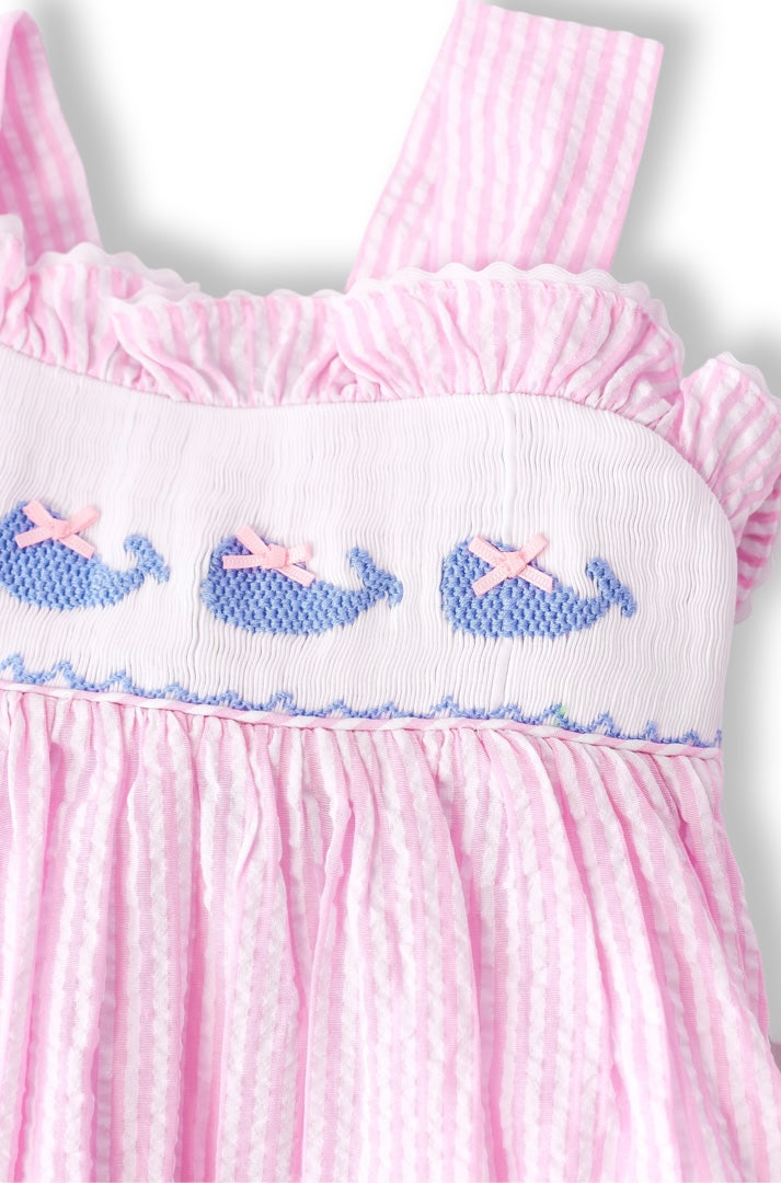 Pink Seersucker Whale Smocked Dress