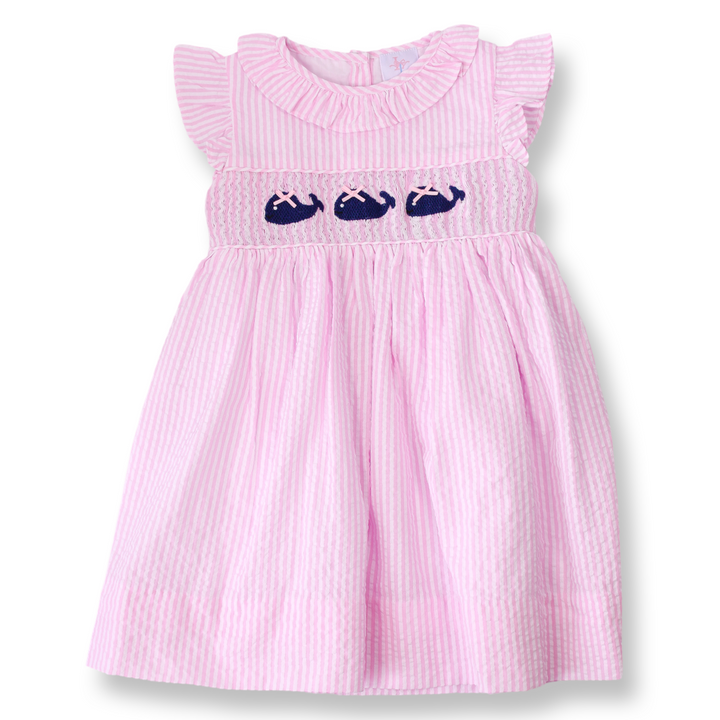Pink Seersucker Whale Smocked Dress