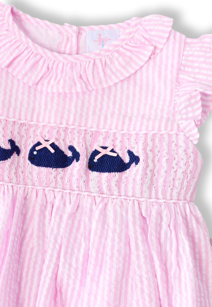 Pink Seersucker Whale Smocked Dress