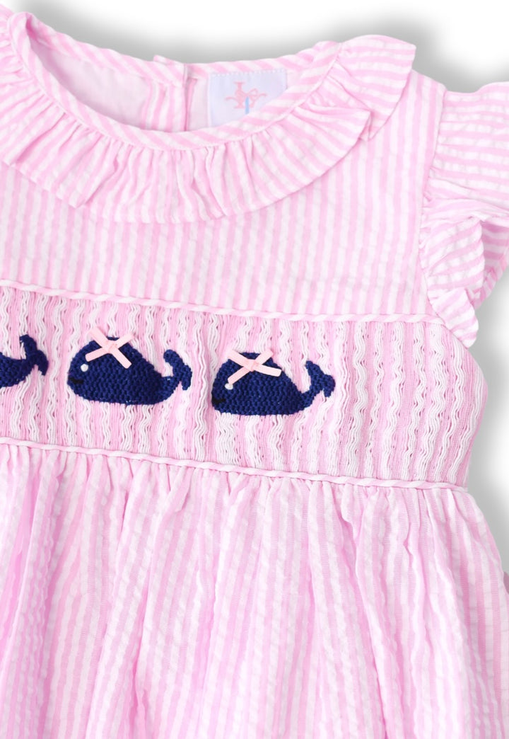 Pink Seersucker Whale Smocked Dress