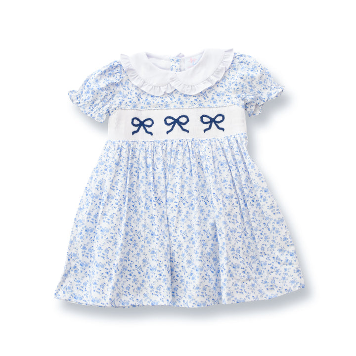 Girls Blue Floral Smocked Bella Bow Dress