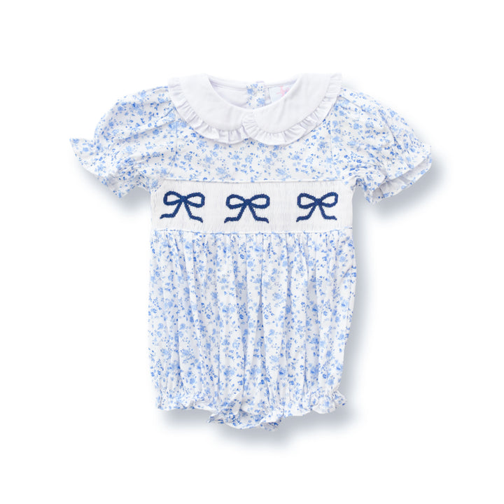 Girls Blue Floral Smocked Bella Bow Bubble