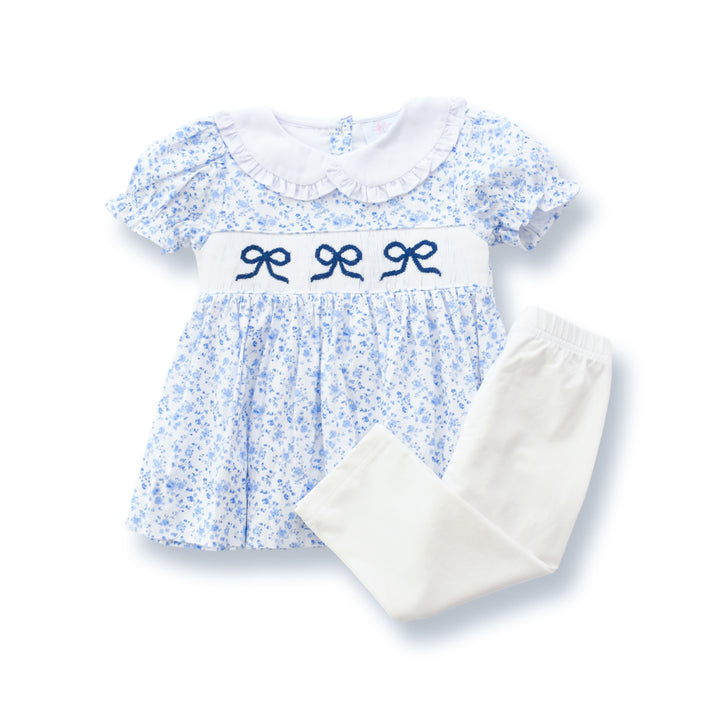 Girls Blue Floral Smocked Bella Bow Legging Set