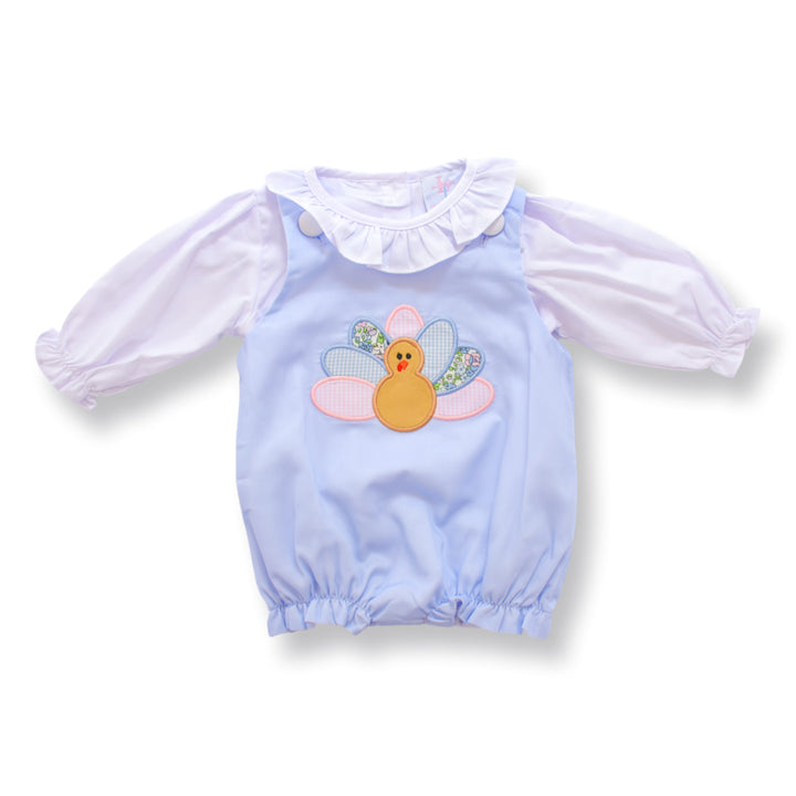 Girls Blue Corduroy Appliqué Turkey Bubble Set