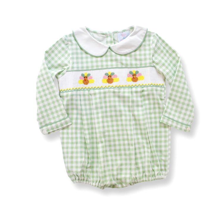 PRE-ORDER Green Gingham Turkey Smocked Boy Bubble
