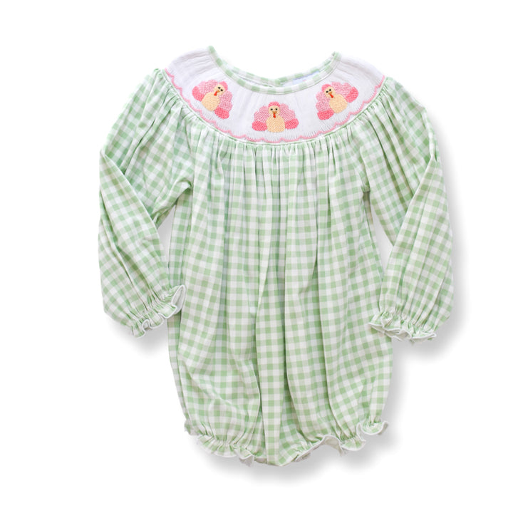 PRE-ORDER Green Gingham Turkey Smocked Bubble