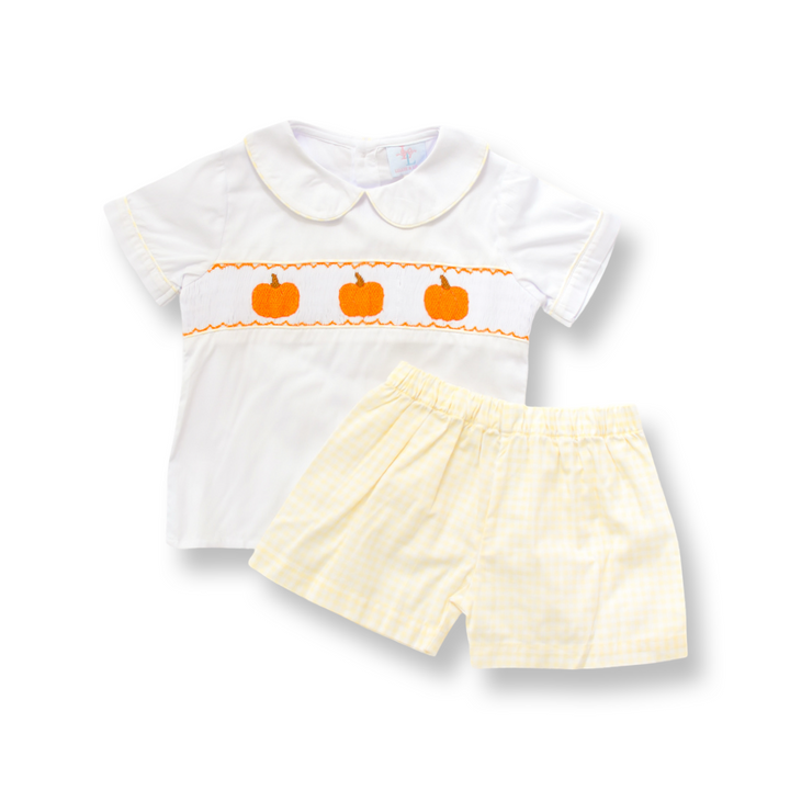 Pumpkin Smocked Shirt & Yellow Gingham Shorts Set