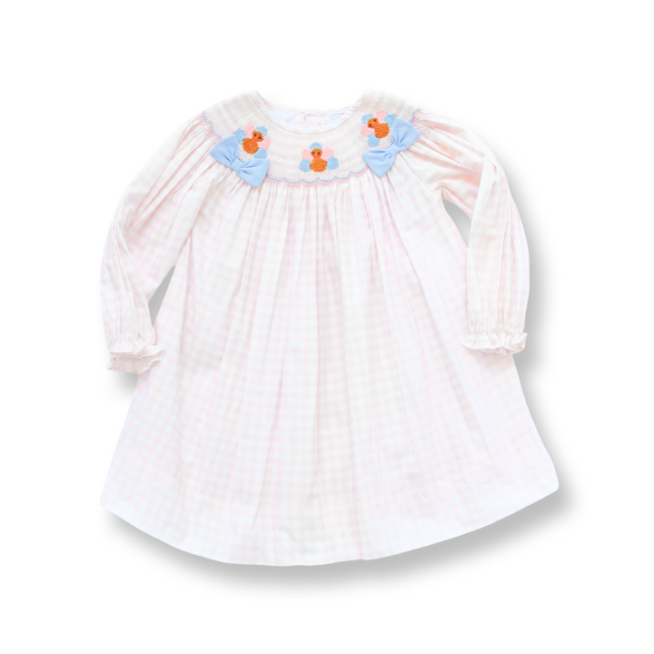 Girls Light Pink Gingham Turkey Smocked Dress