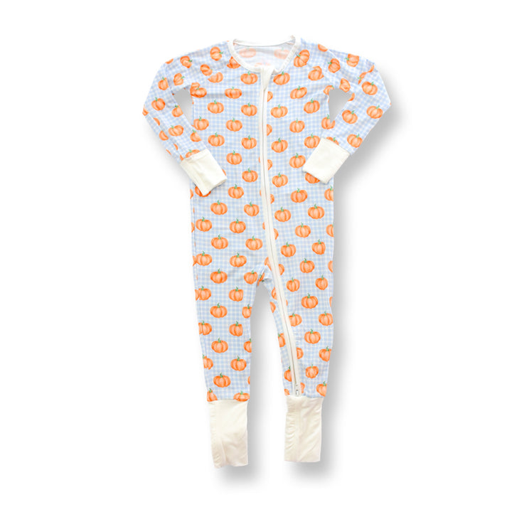Blue Gingham Pumpkin Bamboo Footie