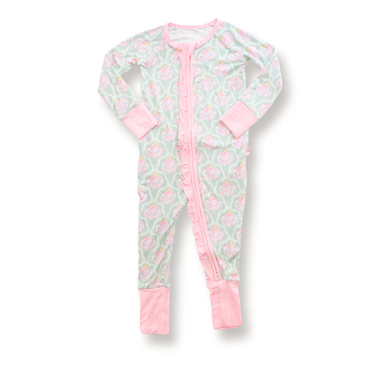 Green and Pink Pumpkin Ruffle Bamboo Footie