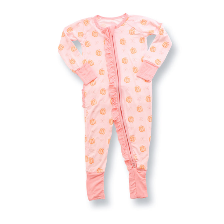 Pink Pumpkin & Bow Ruffle Bamboo Footie