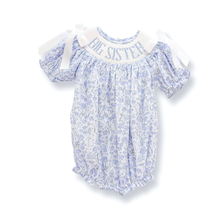 PRE-ORDER Big Sister Blue Floral Smocked Bubble with White Bows