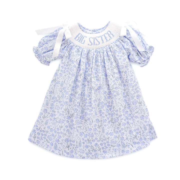 PRE-ORDER Big Sister Blue Floral Smocked Dress with White Bows
