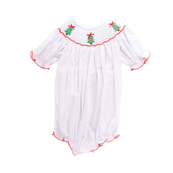 Christmas Tree White Smocked Bubble  Lillie & Lilah