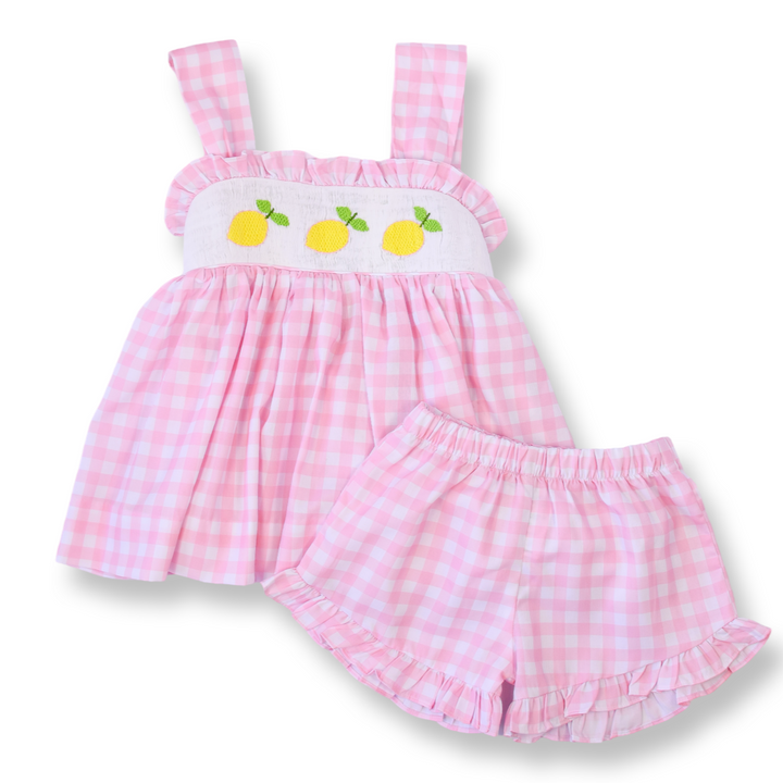 Lemon Pink Gingham Smocked Diaper Set