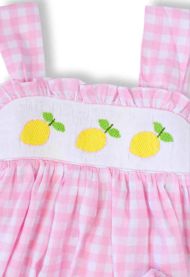 Lemon Pink Gingham Smocked Diaper Set