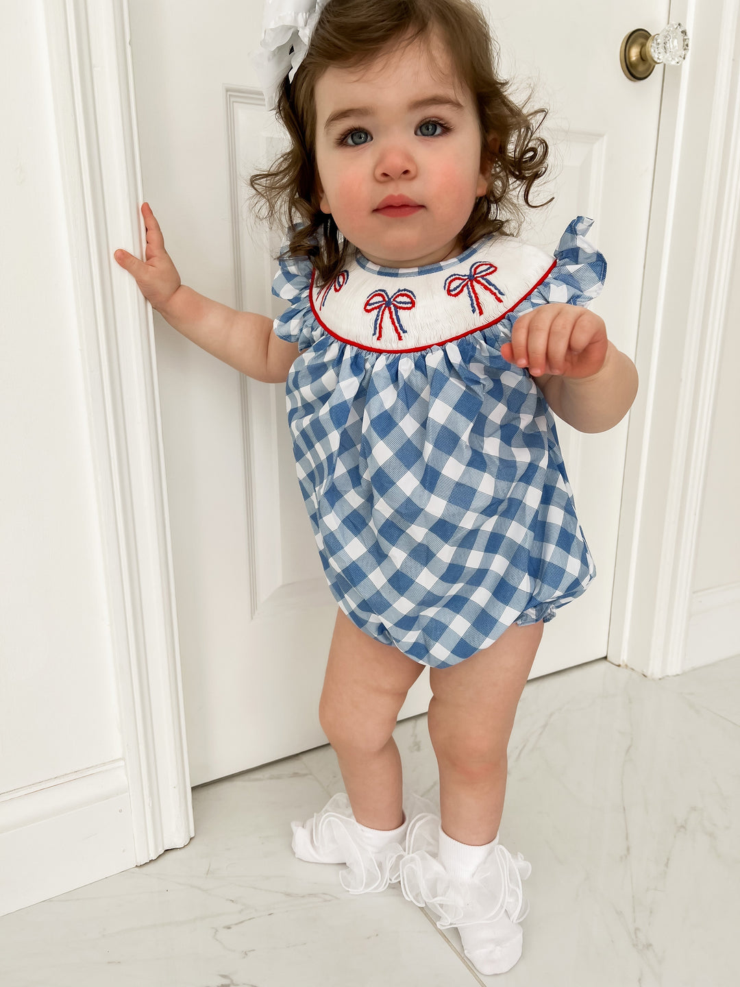 Patriotic Blue Gingham and Bow Smocked Bubble