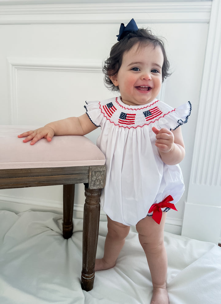 Patriotic Smocked Flag Bubble with Red Bow