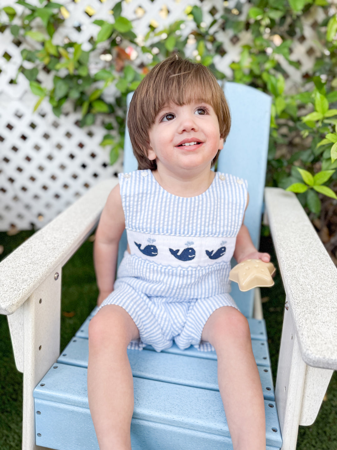 PRE-ORDER Navy Whale Smocked Boys Blue Seersucker Shortall