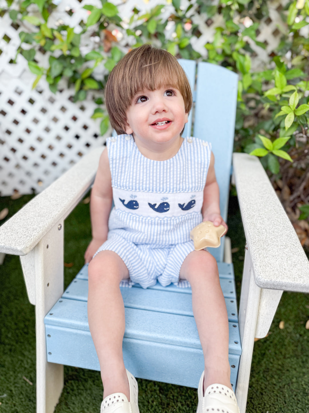 PRE-ORDER Navy Whale Smocked Boys Blue Seersucker Shortall