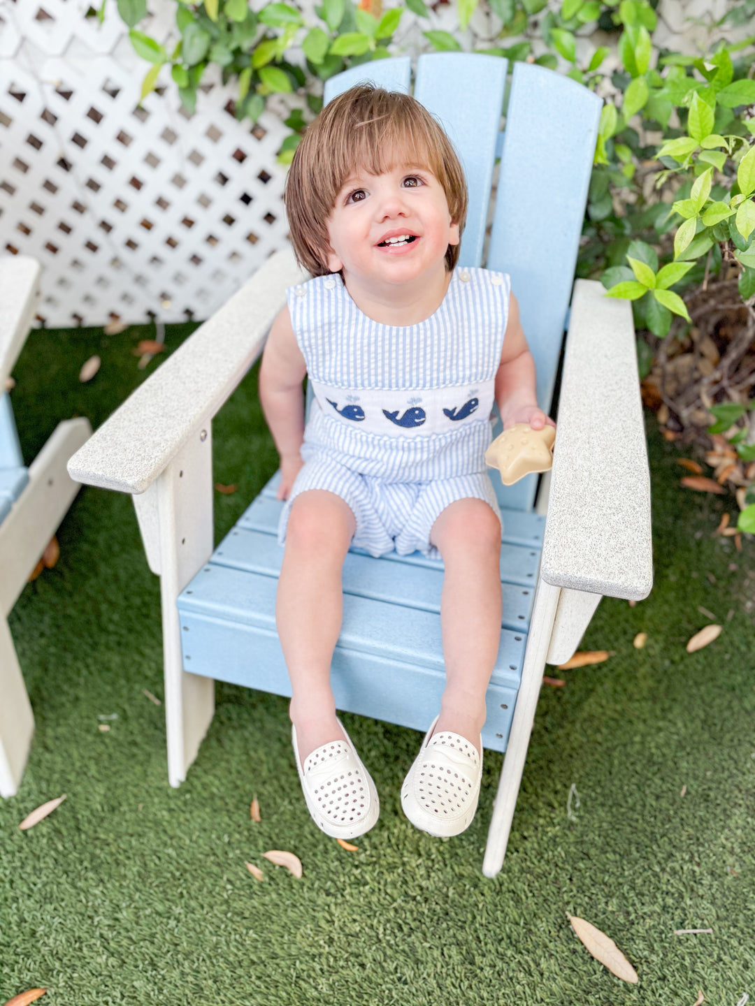 PRE-ORDER Navy Whale Smocked Boys Blue Seersucker Shortall