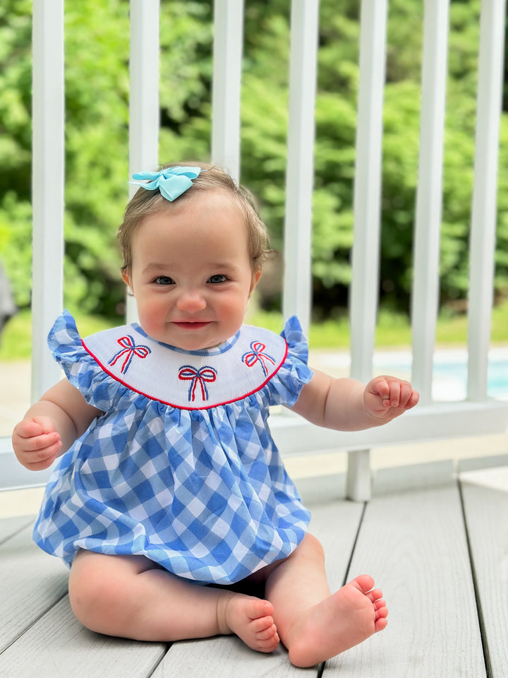 Patriotic Blue Gingham and Bow Smocked Bubble