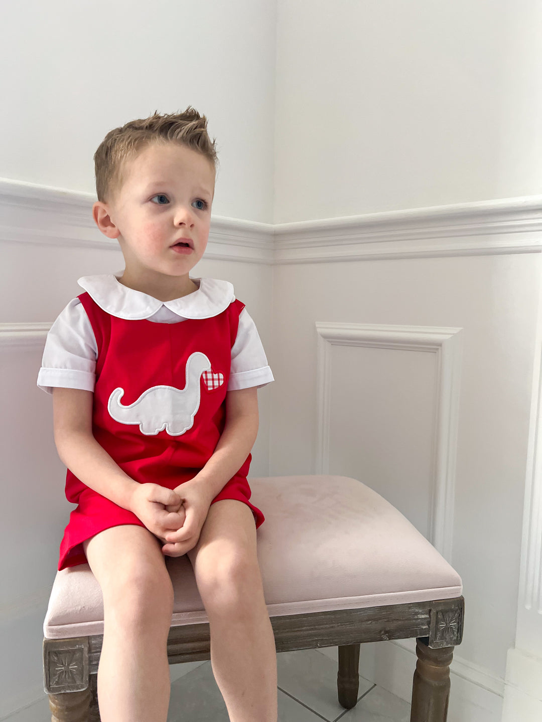 Dino Heart Boy Smocked Shortall