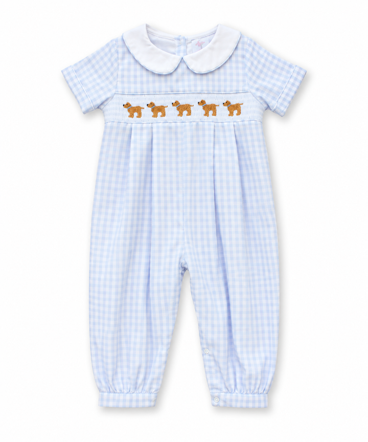 Blue Gingham Puppy Smocked Romper
