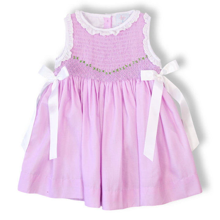 Roses on Purple Smocked Dress with Satin White Bows