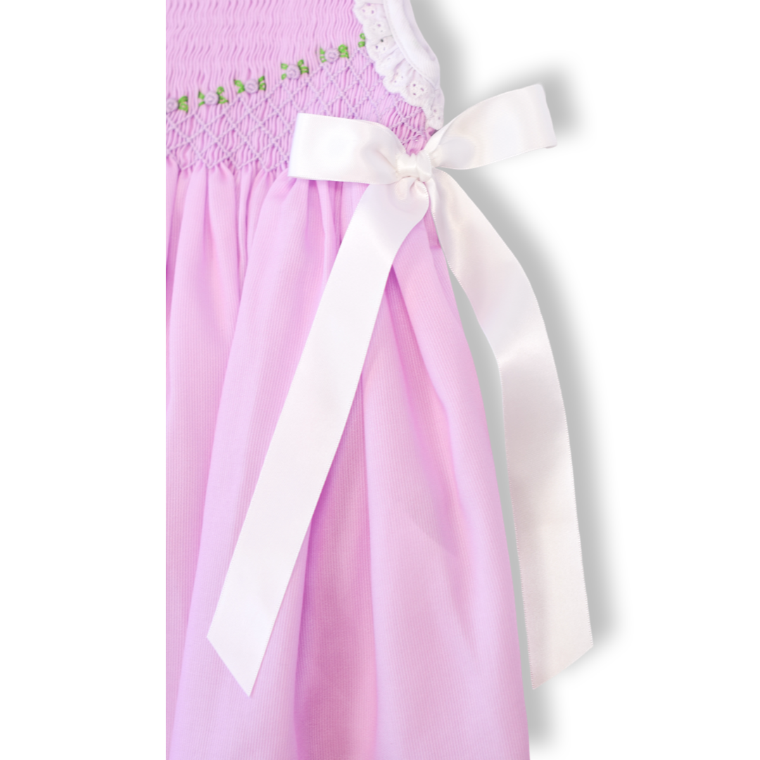 Roses on Purple Smocked Dress with Satin White Bows