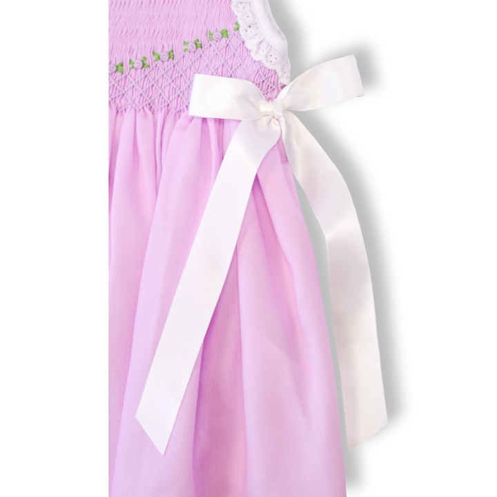 Roses on Purple Smocked Dress with Satin White Bows