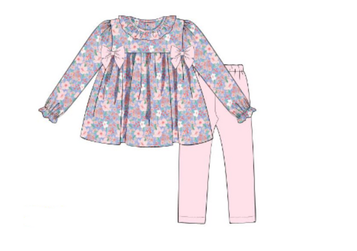 Floral Pink Legging Set – Long Sleeve Ruffle Top with Bows