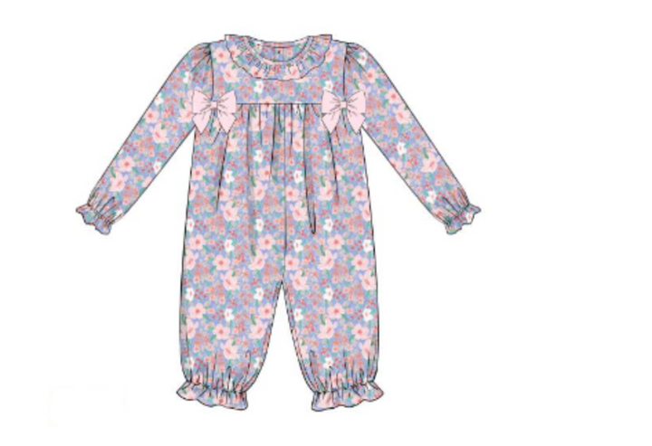Floral Pink Romper – Long Sleeve Ruffle Top with Bows