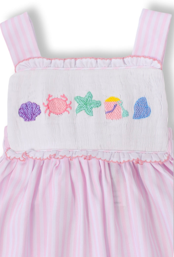 Pink Seersucker Smocked Seashell Dress