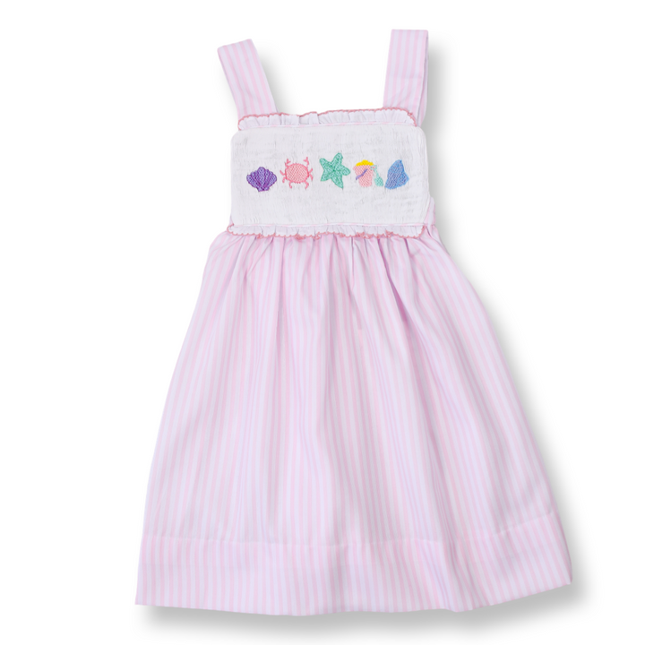 Pink Seersucker Smocked Seashell Dress
