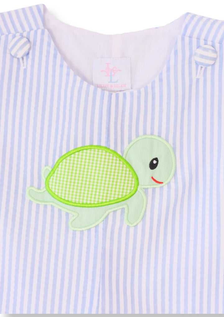Blue Seersucker Turtle Applique Shortall